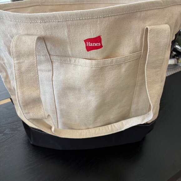 Gemline Canvas Tote Bag Cream Black Bottom Zipper Hanes Logo Reusable - Picture 4 of 9